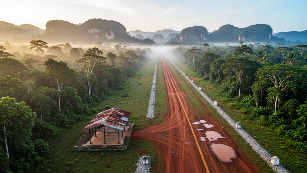 Remote Kanabea Airport airstrip in Papua New Guinea's Gulf Province, framed by dense tropical rainforest at dawn