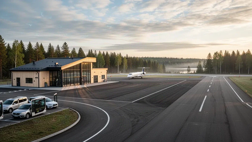 Finlandiya'nın Jämsä kentindeki Halli Havalimanı'nda çam ormanıyla çevrili, yumuşak İskandinav altın saati ışığı altındaki modern alçak terminal ve apron.