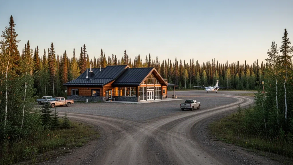Aéroport d'une communauté isolée du nord de l'Ontario à l'heure dorée, avec un petit terminal, une aire en gravier et la forêt boréale environnante
