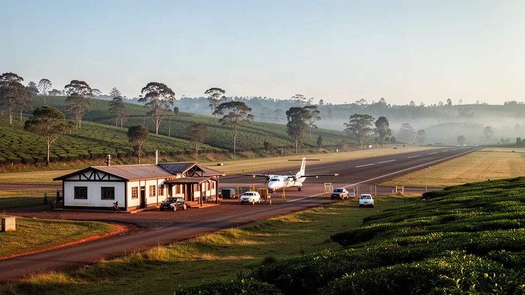 Petit terminal d'aéroport régional et piste d'atterrissage dans les hauts plateaux verdoyants producteurs de thé de Kericho, au Kenya, sous une douce lumière matinale