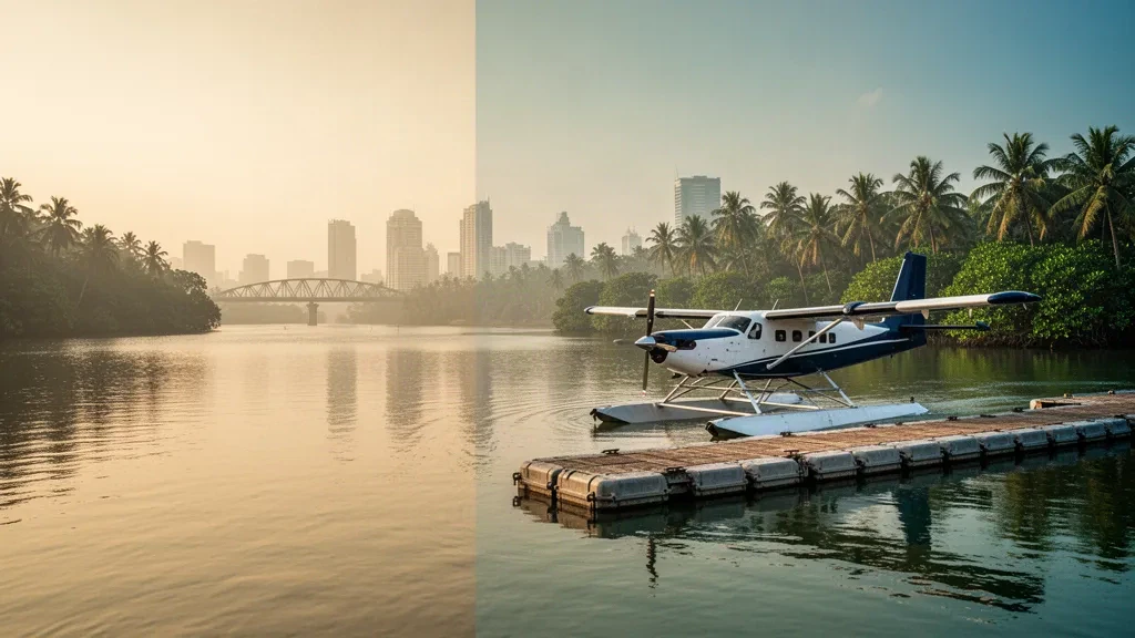 Seaplane resting on the Kelani River at Peliyagoda waterdrome near Colombo, Sri Lanka, with tropical riverside greenery at golden hour