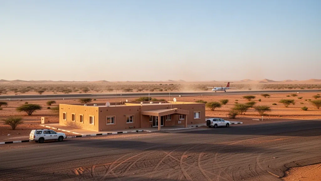 Piccolo terminal color sabbia e piazzale di sosta illuminato dal sole all'Aeroporto di Kiffa in Mauritania, circondato dalla vegetazione arida del Sahel durante l'ora d'oro