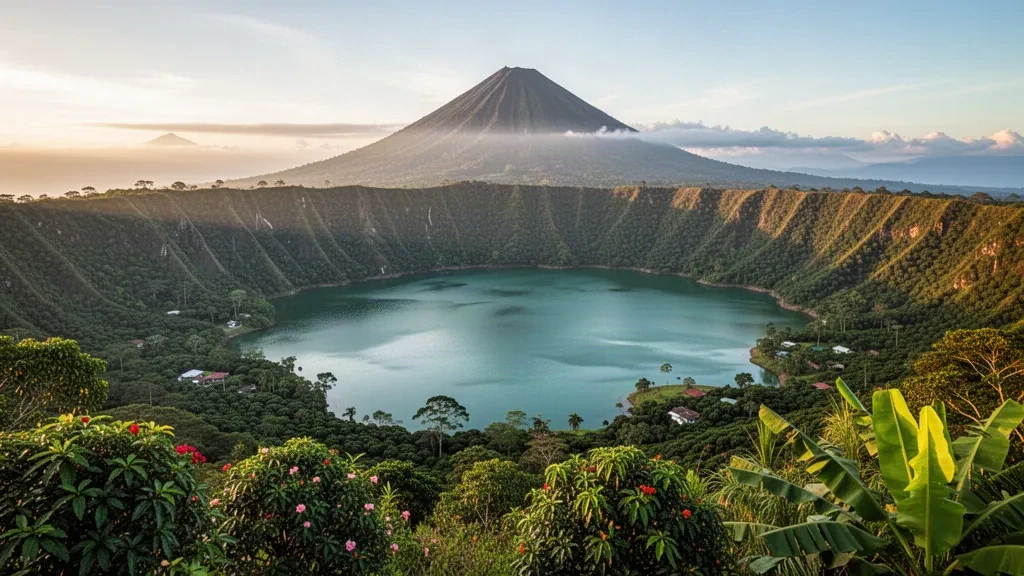 El Salvador'da Santa Ana yanardağının altındaki turkuaz krater gölü Coatepeque, yemyeşil kahve ormanıyla kaplı yamaçlarla çevrili
