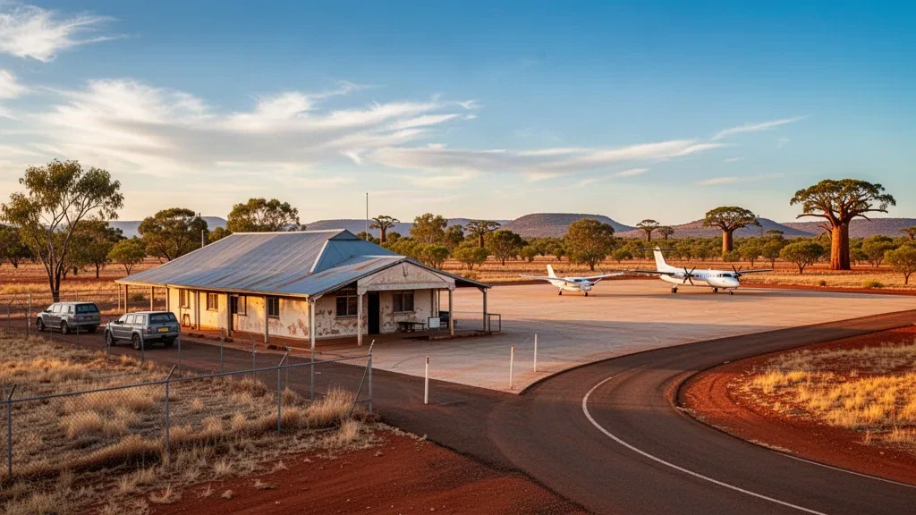 Kleines abgelegenes regionales Terminal und Vorfeld am Flughafen Kalkgurung im australischen Outback unter einem weiten Himmel zur goldenen Stunde