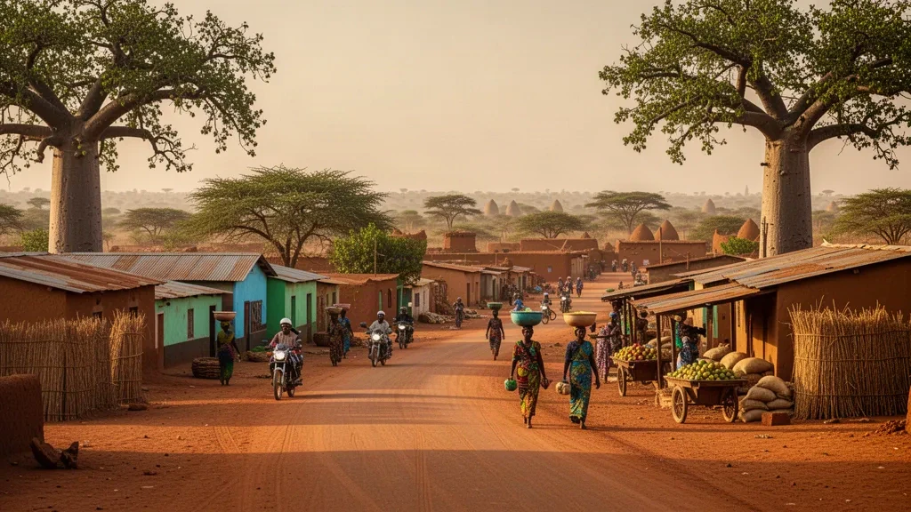 Die Stadt Manga in der Region Centre-Sud in Burkina Faso mit Baobab-Bäumen, Lateritstraßen und Markttreiben im warmen Sahel-Licht