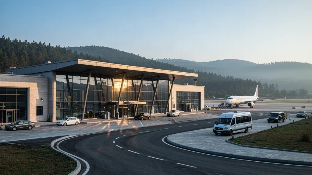 Extérieur moderne d'un terminal en verre à l'aéroport de Kastamonu en Turquie, avec voies de dépose, collines couvertes de pins et douce lumière dorée