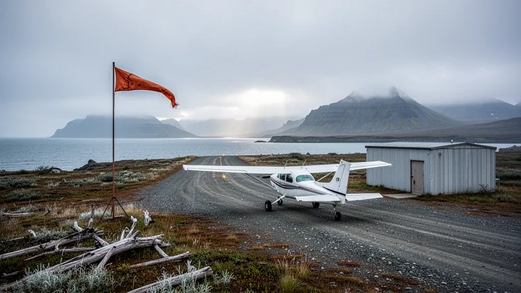 Piste en gravier et montagnes brumeuses des Aléoutiennes à l'aéroport isolé de False Pass en Alaska, avec un petit avion de brousse stationné sur l'aire de trafic