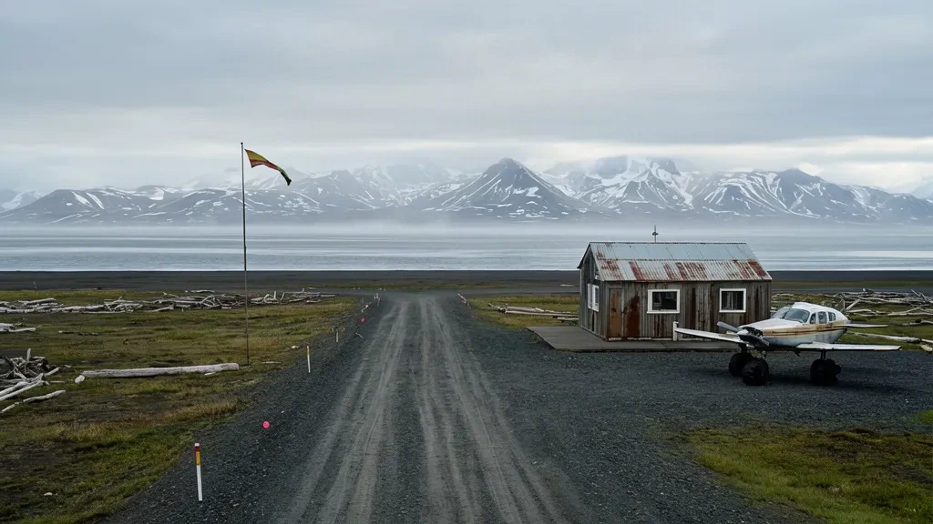 Piste en gravier, manche à air et petit terminal en bois à l'aéroport isolé de False Pass KFP dans les îles Aléoutiennes en Alaska