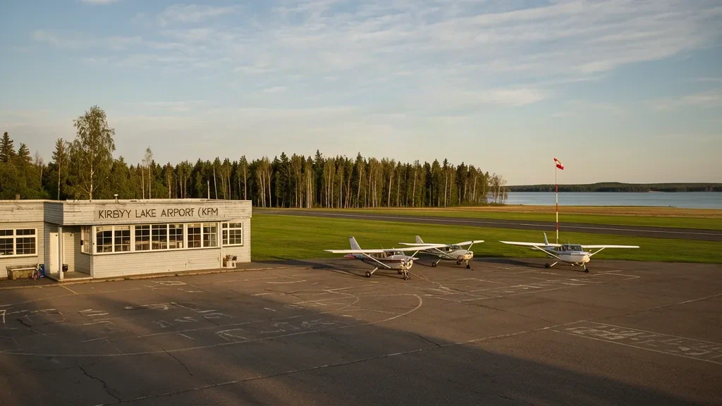 Petit terminal d'aviation générale et aéronefs légers stationnés sur l'aire de trafic de l'aéroport de Kirby Lake (KFM) sous un ciel dégagé