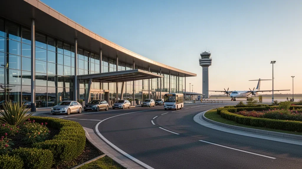 Modern glass airport terminal exterior at Konge Airport at golden hour, with the drop-off lane, parked vehicles and a distant control tower.