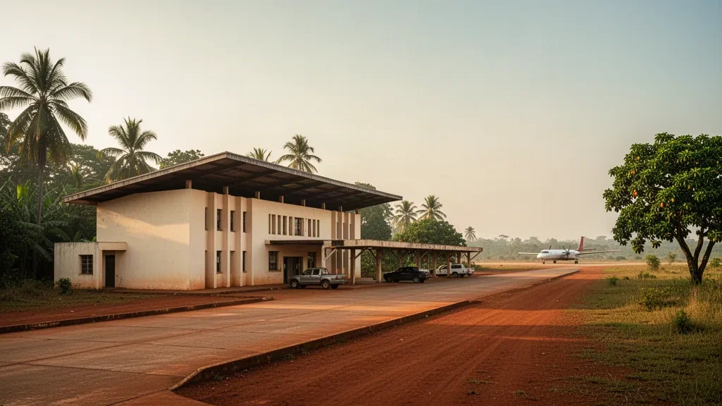 Terminal de baja altura y plataforma en el aeropuerto de Kananga, en la República Democrática del Congo, bajo la cálida luz tropical de la tarde
