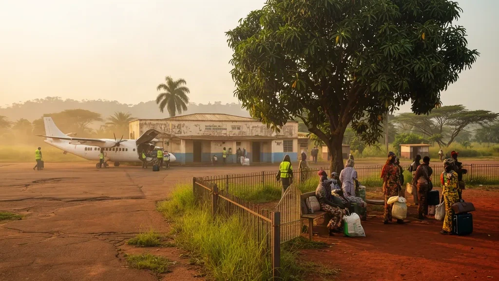Vista al final de la tarde de la terminal del aeropuerto de Kananga, en la RD del Congo, con un avión bimotor turbohélice en la plataforma y pasajeros esperando cerca