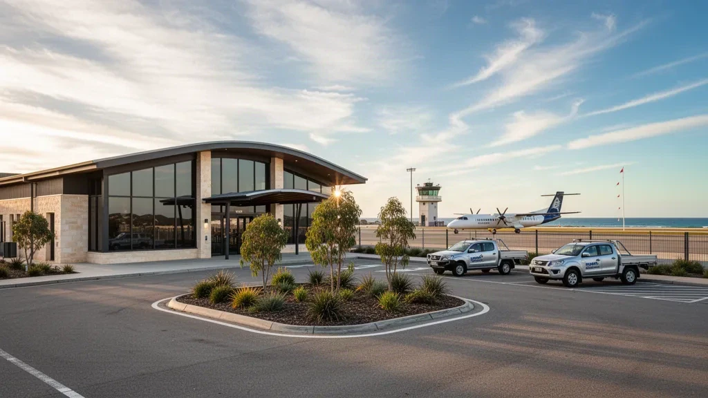 Modernes Regionalterminal und Vorfeld am Flughafen Kingscote auf Kangaroo Island bei klarem Himmel am späten Nachmittag