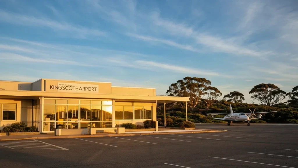 Außenansicht des Terminals des Flughafens Kingscote auf Kangaroo Island mit einem geparkten Turbopropflugzeug und klarem Himmel.