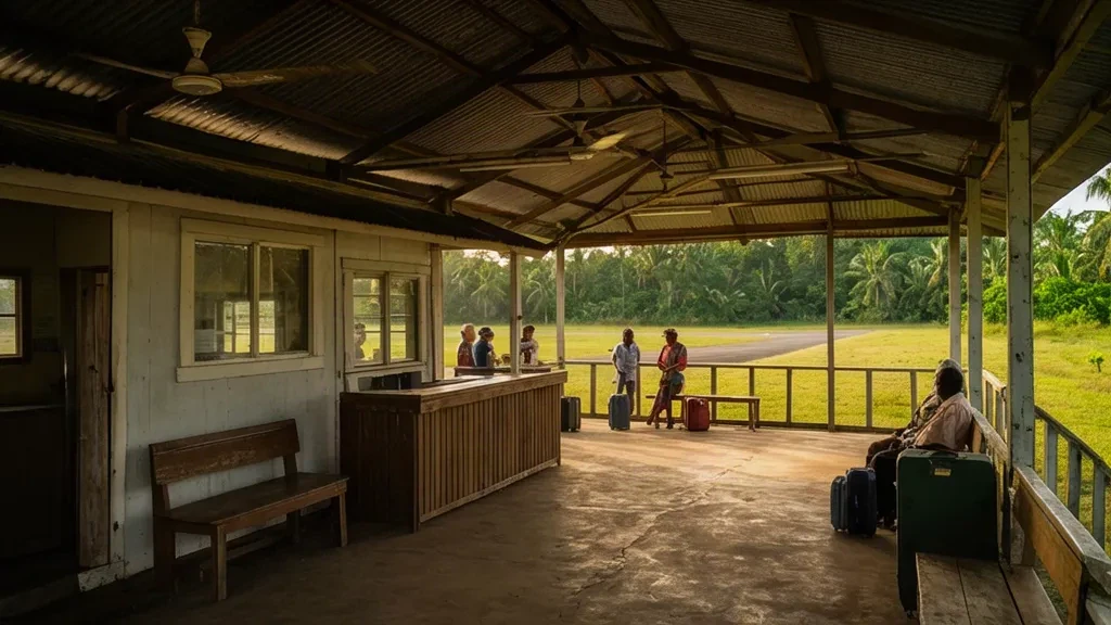 Innenraum des Terminals des Flughafens Konge KGB in Papua-Neuguinea mit Holzbänken, Check-in-Schalter und tropischem Licht