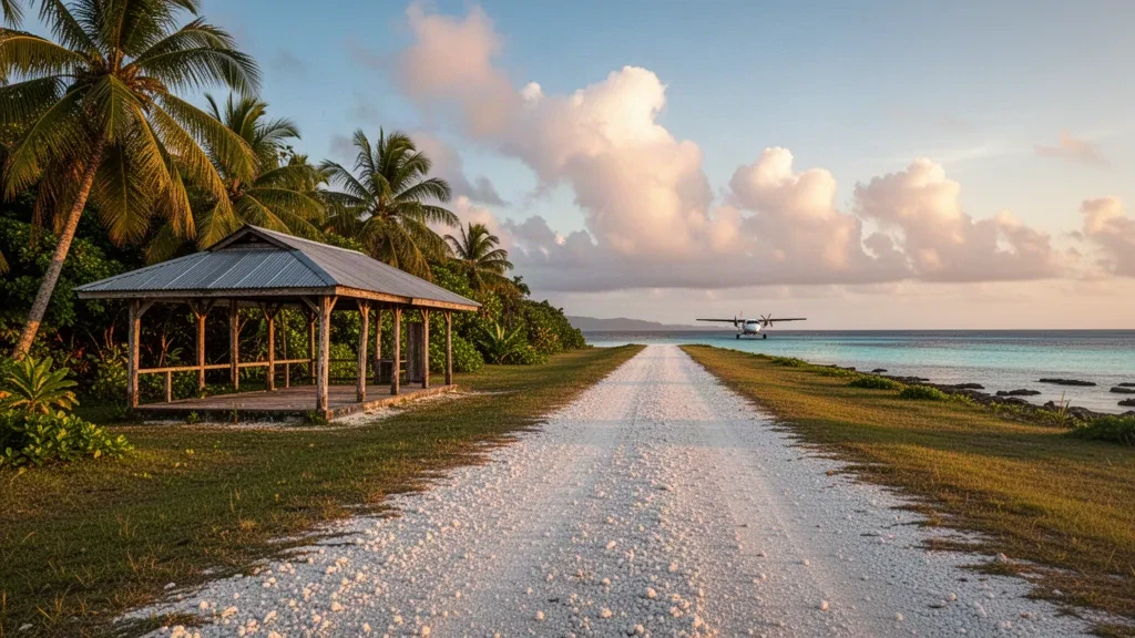 Pista de aterrizaje tropical remota y terminal insular sencilla en el Aeropuerto de Kaghau, en las Islas Salomón, rodeada de palmeras durante la hora dorada.