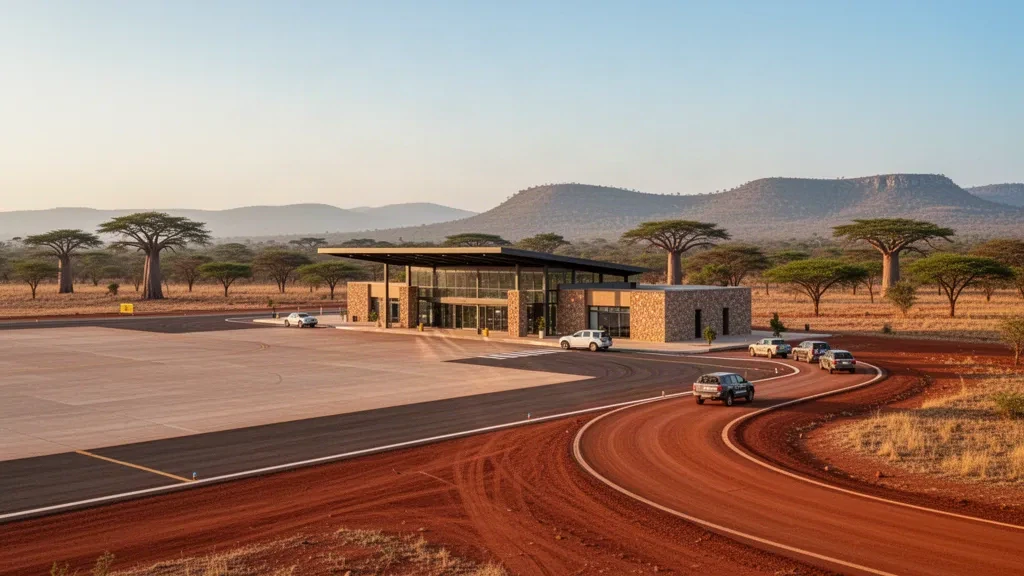 Blick zur goldenen Stunde auf das Terminal und die Startbahn des Flughafens Kédougou in Senegal, mit Lateritboden, Savannenbäumen und einer warmen Reiseatmosphäre.