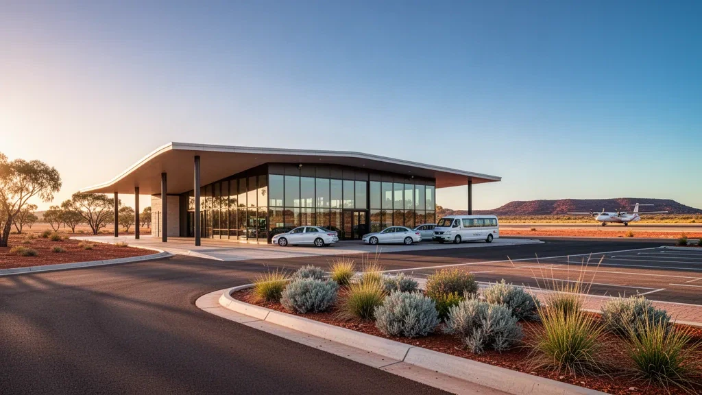 Modern glass terminal and kerbside drop-off area at Kalgoorlie-Boulder Airport in the Western Australian outback at golden hour