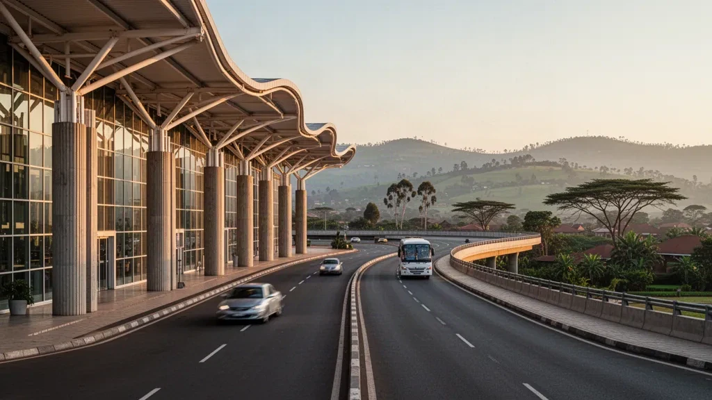 Exterior de terminal moderna y carriles de descenso en el Aeropuerto Internacional de Kigali en Ruanda, enmarcados por colinas verdes bajo una cálida luz de hora dorada