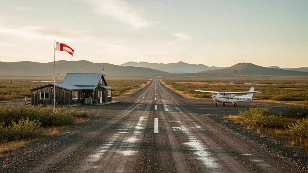 A bush plane parked near the gravel runway and small terminal at Koliganek Airport in rural Alaska.