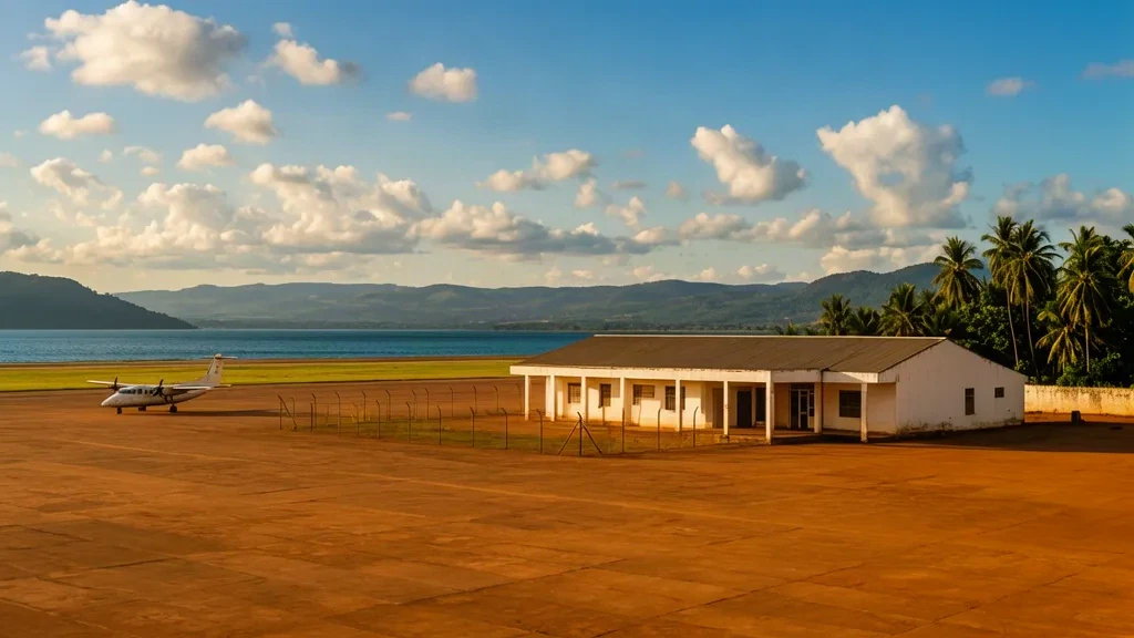 Piccolo terminal a un piano e piazzale all'aeroporto di Karonga KGJ nel nord del Malawi, con un piccolo aereo parcheggiato vicino al lago Malawi
