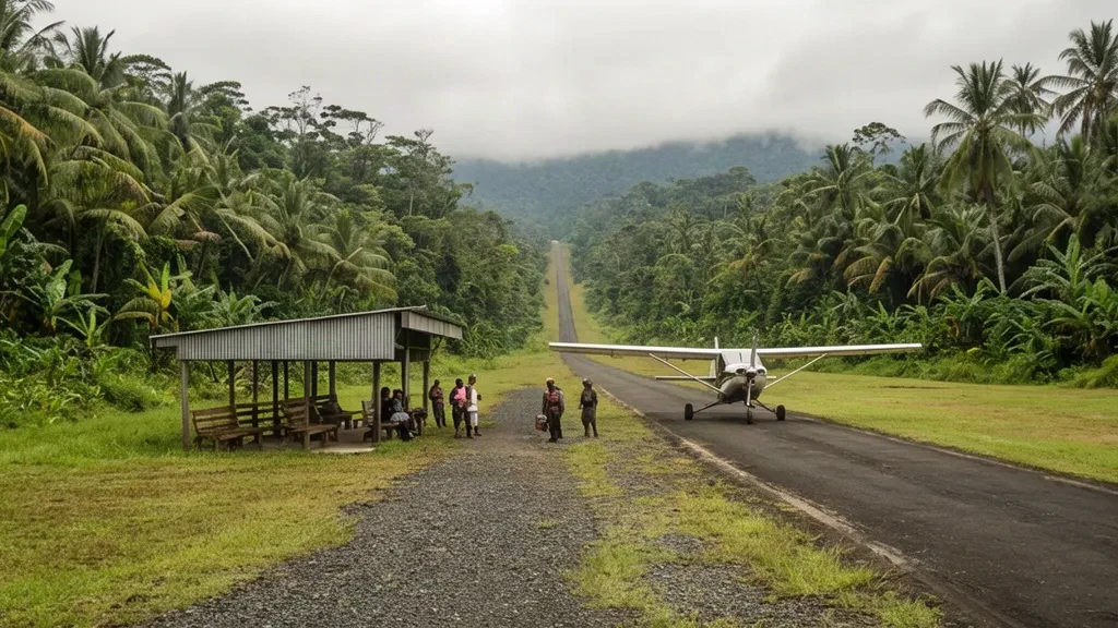 Abgelegene tropische Landepiste und einfacher offener Unterstand am Flughafen Kungim KGM in Papua-Neuguinea, umgeben von dichtem Regenwald
