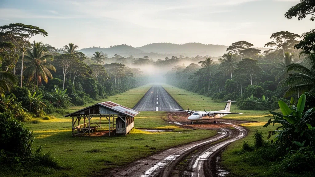 Pista de aterrizaje de pasto remota en el aeropuerto de Kungim, en la Provincia Occidental de Papúa Nueva Guinea, rodeada de selva tropical densa al amanecer