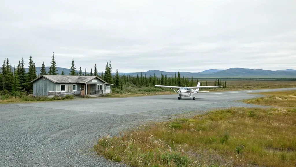 Piccolo edificio del terminal e pista in ghiaia dell'aeroporto di Koliganek in Alaska, circondati dalla tundra e da basse colline in lontananza.