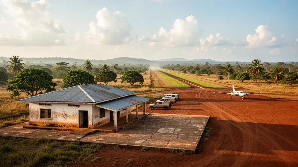Petit terminal d'aérodrome régional et piste non revêtue desservant Kasongo-Lunda dans la province du Kwango, en RD Congo, sous une chaude lumière tropicale de fin d'après-midi