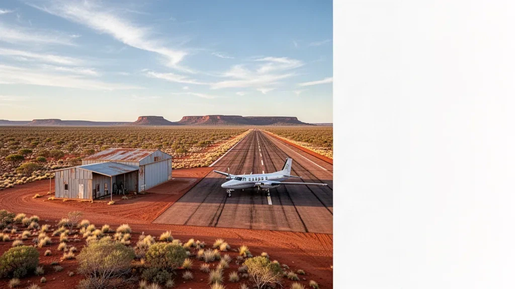 Remote outback airstrip at Kulgera Airport in Australia's Northern Territory, with a narrow runway, small metal shelter and desert scrub at golden hour