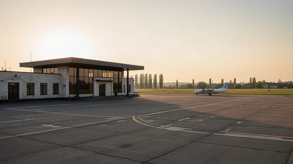 Edificio terminal de baja altura y plataforma vacía en el aeropuerto de Kirovohrad, en el centro de Ucrania, bajo un amplio cielo de hora dorada