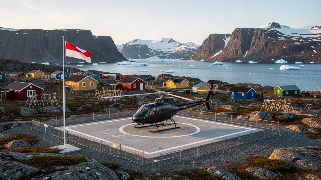 Kangersuatsiaq Heliport in Grönland mit einem kleinen Hubschrauber auf einer Kiesfläche, bunten Holzhäusern und eisigen Fjordklippen
