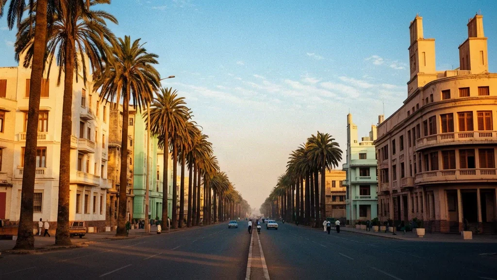 Warm evening light on the palm-lined Harnet Avenue in Asmara, Eritrea, framed by Italian modernist architecture