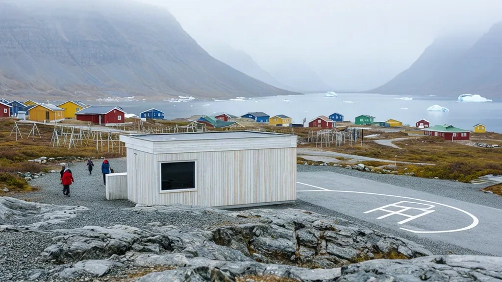 Piccolo edificio di eliporto artico ed elipista a Kangersuatsiaq, Groenlandia, circondati da colline rocciose, acqua del fiordo e case in legno colorate.