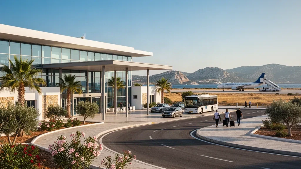 Esterno moderno del terminal in vetro e calce bianca all'Aeroporto Internazionale di Kos Ippokratis in Grecia, illuminato dalla luminosa luce del sole dell'Egeo