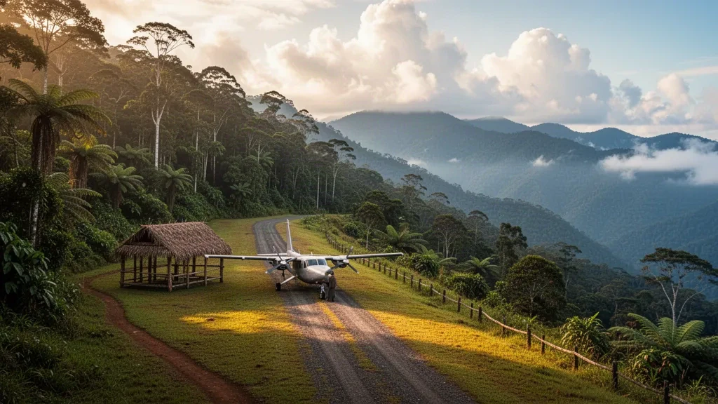 Remote Kagi Airport airstrip in Papua New Guinea's Owen Stanley Range, framed by rainforest and mountain mist along the Kokoda Track.