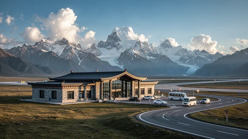 Moderna terminal de gran altitud del aeropuerto de Kangding en la meseta de Sichuan-Tíbet con picos nevados y una carretera de acceso curvada durante la hora dorada