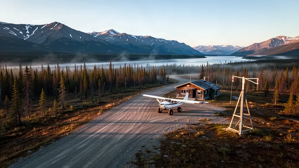 Gravel runway, small timber terminal and a parked bush plane at remote Grayling Airport in Alaska under warm golden evening light