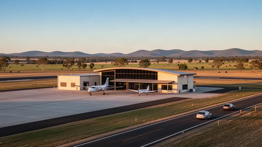 Piccolo terminal aeroportuale regionale e piazzale con aereo leggero a Kingaroy nella regione del South Burnett nel Queensland, illuminati dal sole del tardo pomeriggio