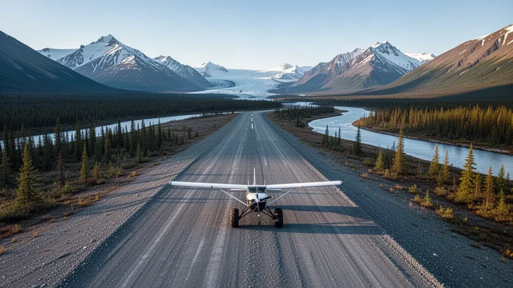 Eine abgelegene Schotterpiste am Flughafen Glacier Creek in Alaska, umrahmt von schneebedeckten Gipfeln und einem kleinen Buschflugzeug im klaren Morgenlicht.