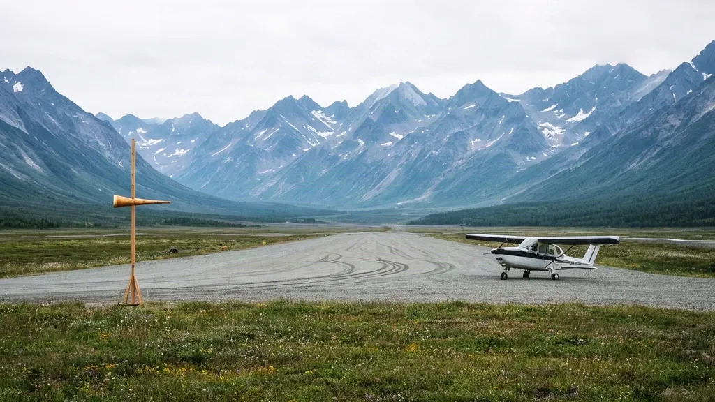 Piste en gravier isolée à l'aéroport de Glacier Creek en Alaska, avec un petit avion de brousse et des sommets montagneux escarpés sous un ciel couvert.