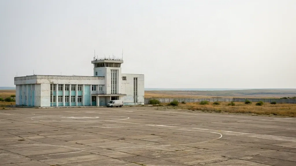 Verwittertes Terminalgebäude aus der Sowjetzeit und Vorfeld am Flughafen Kertsch KHC unter einem bedeckten Himmel über der Steppe der Krim