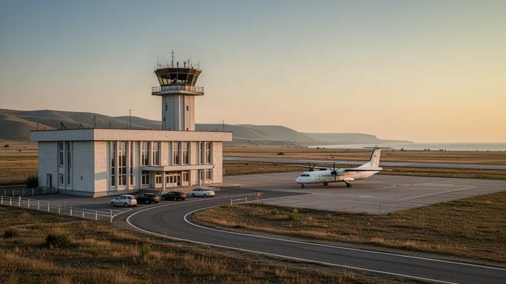 Bâtiment terminal d'un aéroport régional et tarmac à l'aéroport de Kerch en Crimée sous une lumière chaude d'heure dorée, avec la steppe et la piste en arrière-plan