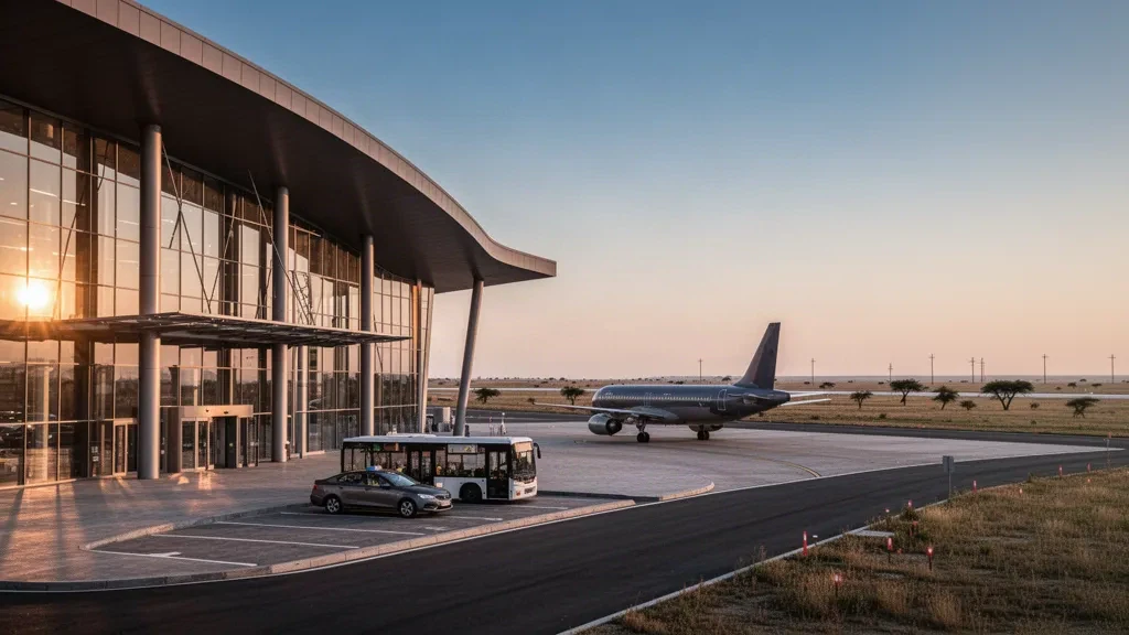 Esterno moderno del terminal in vetro dell'Aeroporto Internazionale di Kherson all'ora d'oro con corsie di sosta e pista oltre