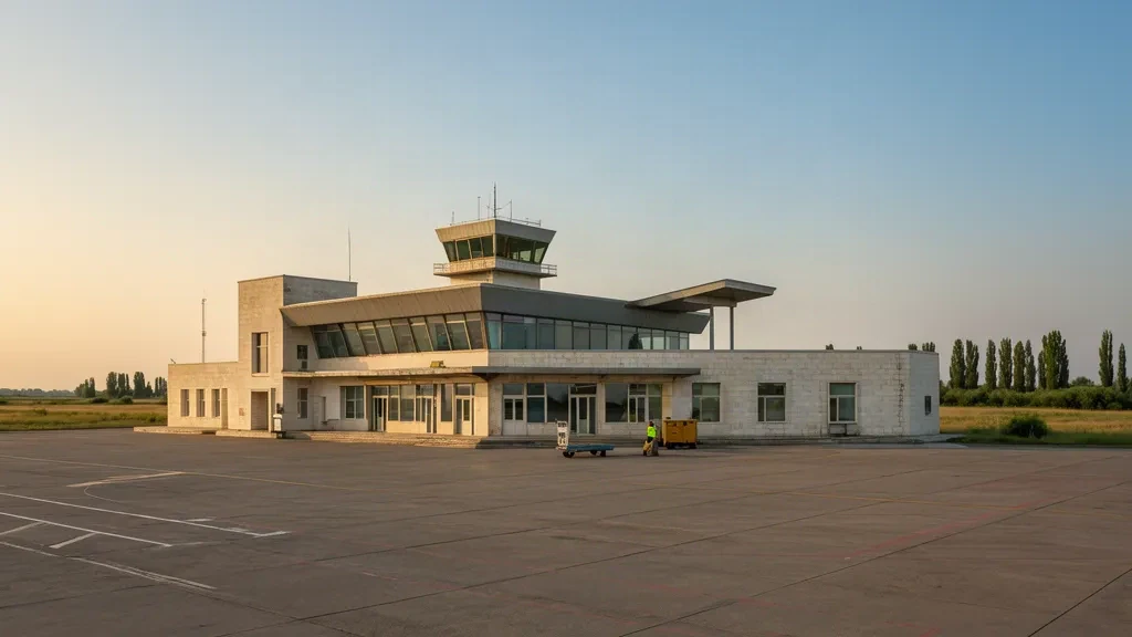 Edificio del terminal dell'Aeroporto Internazionale di Kherson e piazzale vuoto sotto un cielo limpido del sud dell'Ucraina