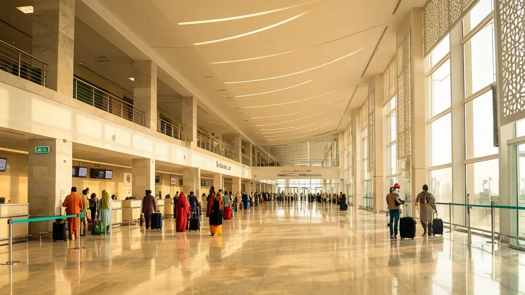 Innenansicht der Abflughalle am Jinnah International Airport in Karatschi mit Check-in-Schaltern, hellen verglasten Wänden und Reisenden