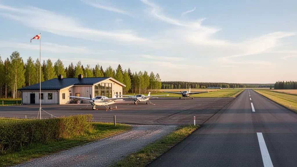 Small Finnish airfield apron and runway at Kauhajoki Airfield, with light aircraft and forest under a clear Nordic sky