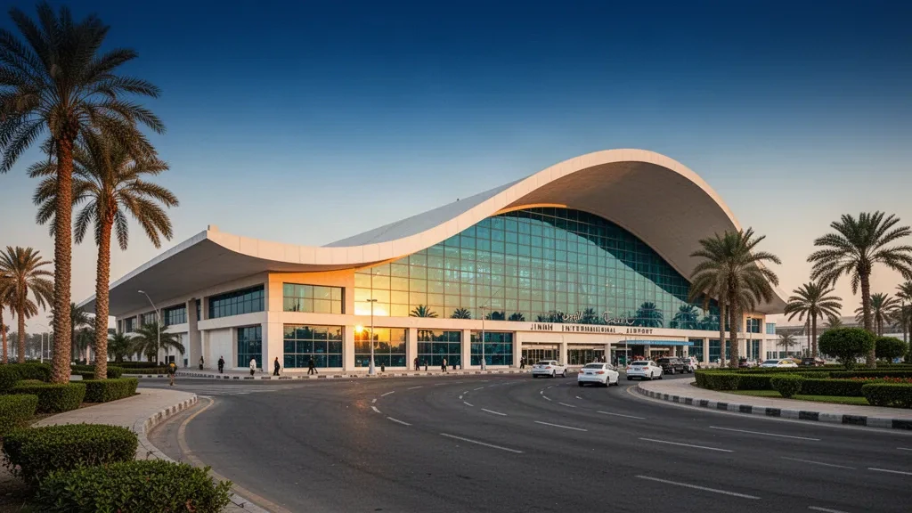 Altın saatlerde Karaçi'deki Jinnah Uluslararası Havalimanı'nda modern cam terminal cephesi ve palmiye ağaçlarıyla çevrili yolcu indirme şeritleri
