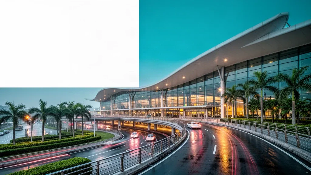 Gebogene Glasfassade des Terminals und erhöhte Vorfahrtstraße am Internationalen Flughafen Kaohsiung, die in der blauen Stunde leuchtet