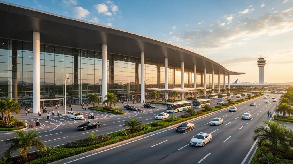 Modern glass terminal exterior and curbside drop-off lanes at Nanchang Changbei International Airport at golden hour.